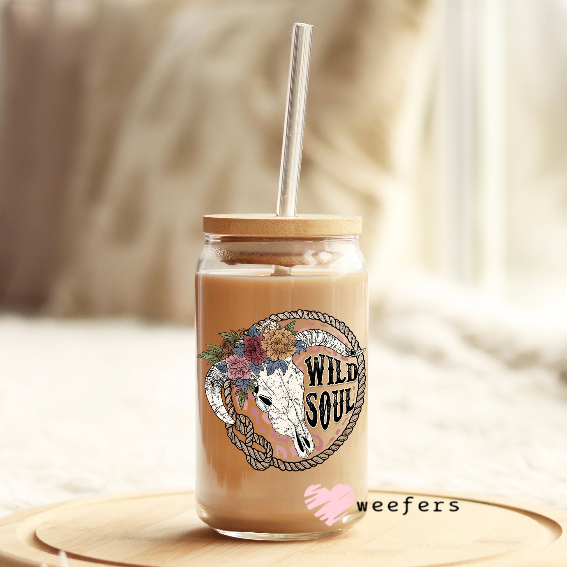 Wild Soul Cow Skull Retro 16oz Libbey Glass Can UV DTF or Sublimation Decal Transfer - Weefers