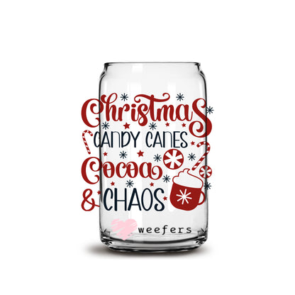 Christmas Candy Canes, Cocoa and Chaos 16oz Libbey Glass Can UV DTF or Sublimation Cup Wrap - Decal Transfer - Weefers