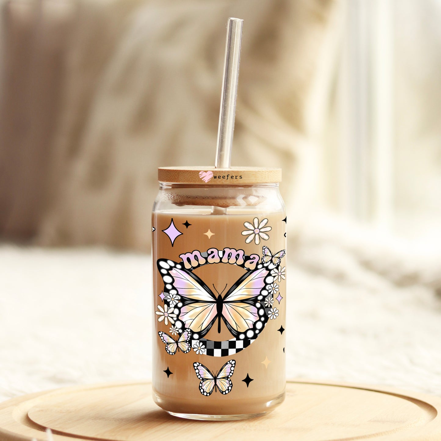 Mama Butterfly 16oz Libbey Glass Can UV DTF or Sublimation Cup Wrap - Decal Transfer - Weefers