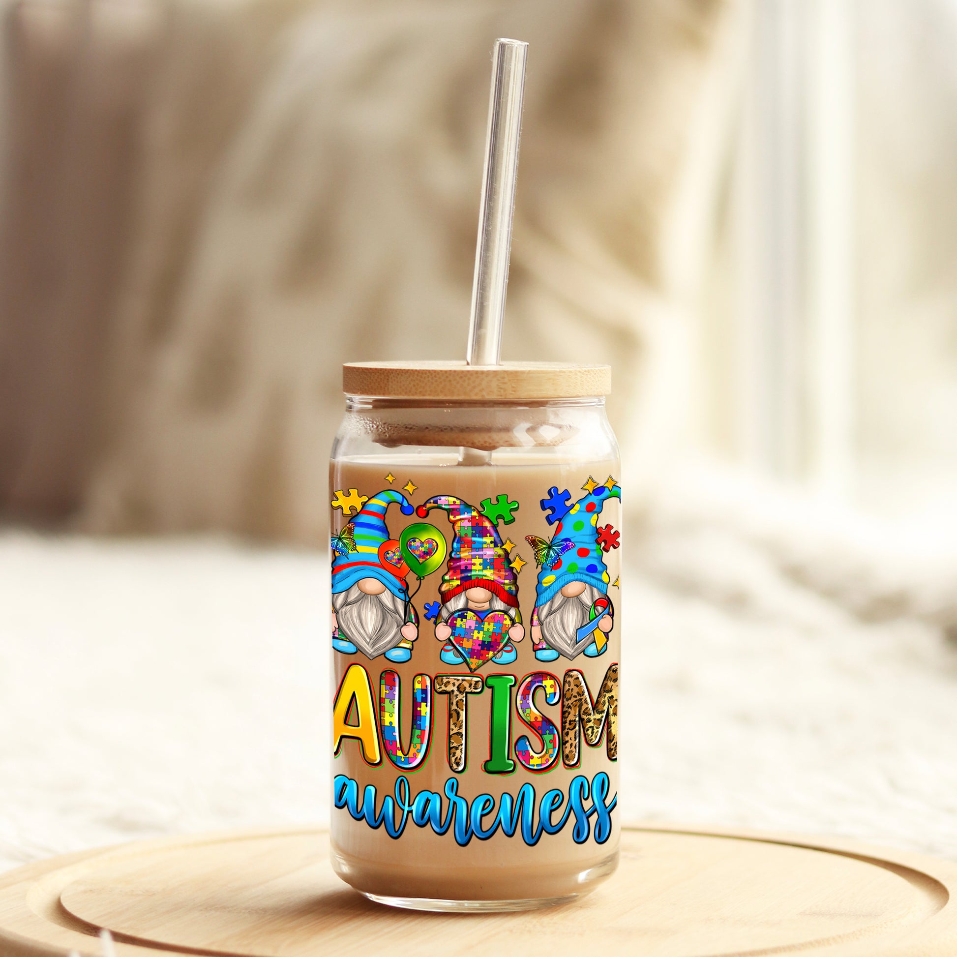 Autism Awareness Gnomes16oz Libbey Glass Can UV DTF or Sublimation Wrap - Decal - Weefers