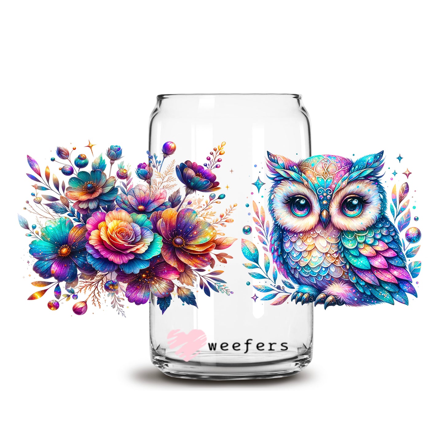 Colorful Owl 16oz Libbey Glass Can UV DTF or Sublimation Cup Wrap - Decal Transfer - Weefers