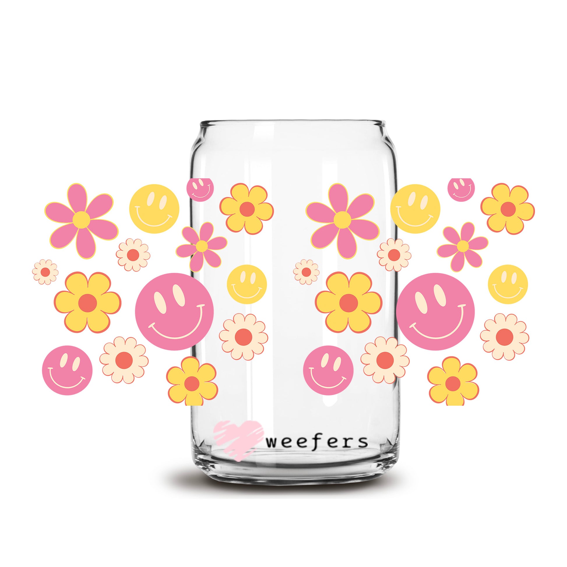 Retro Flowers and Smile Face 16oz Libbey Glass Can UV DTF or Sublimation Cup Wrap - Decal Transfer - Weefers