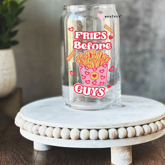 a glass jar with fries before guys sticker on it