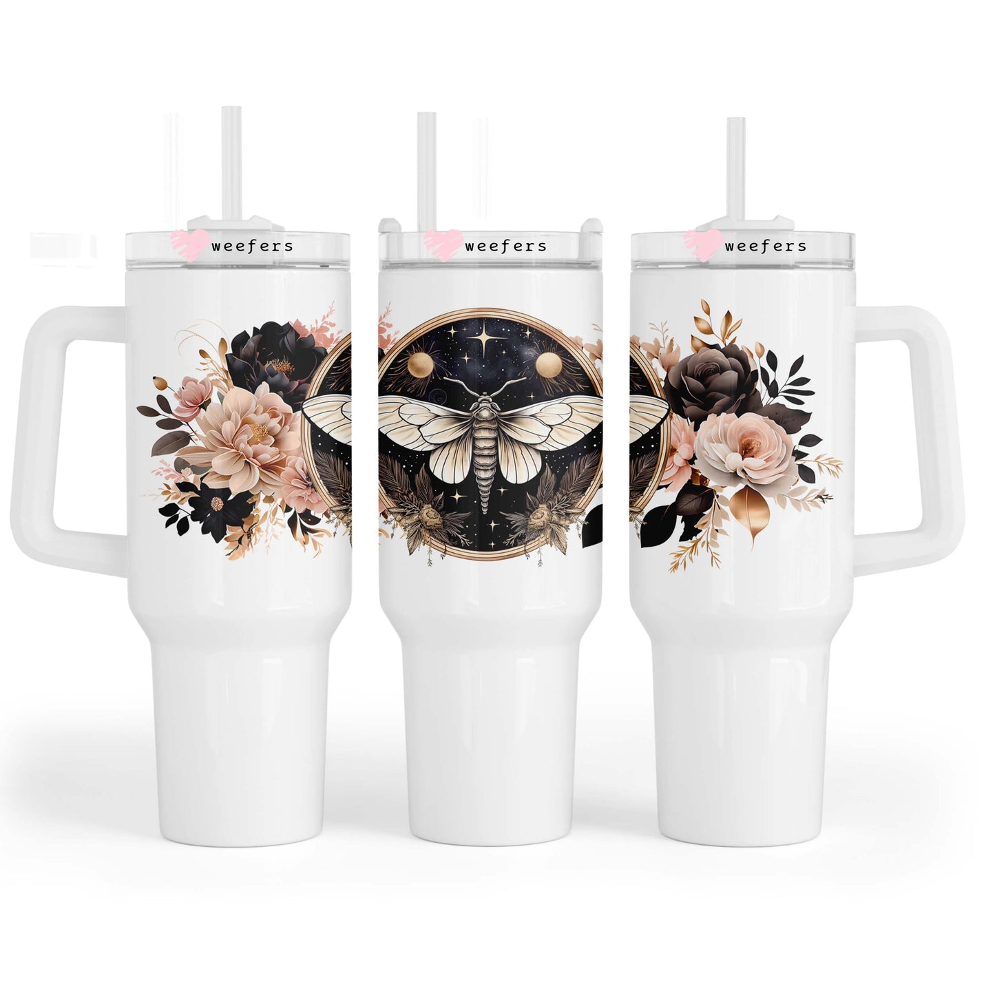 Black moth Floral 40oz Tumbler UV DTF or Sublimation Wrap - Decal Weefers