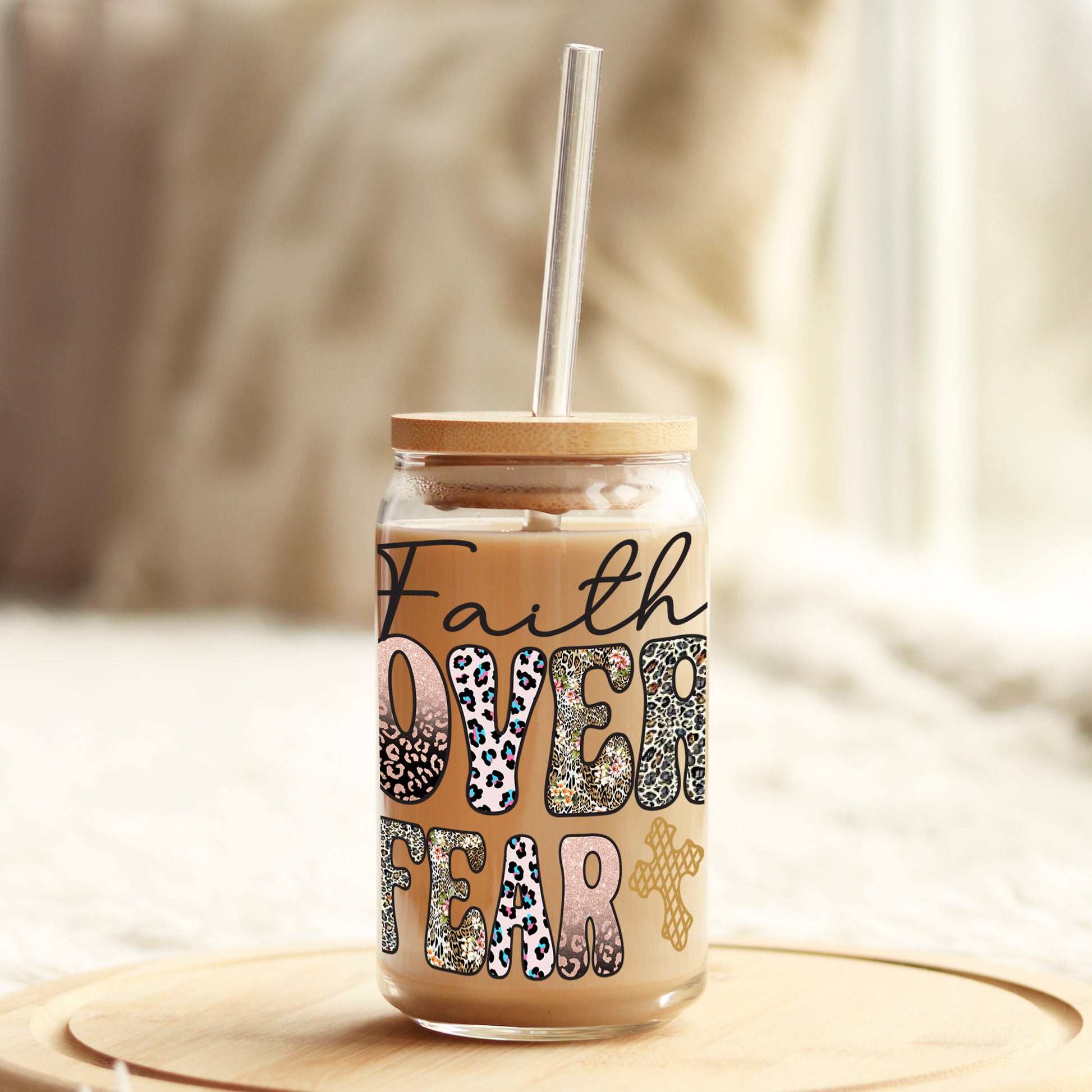 Faith over Fear 16oz Libbey Glass Can UV DTF or Sublimation Wrap - Decal - Weefers