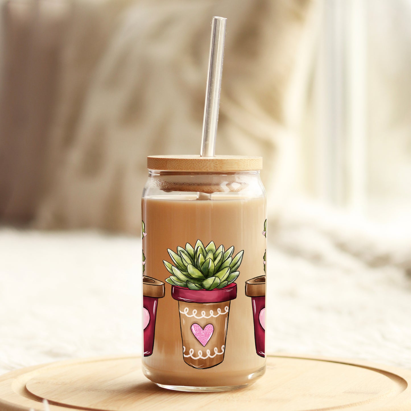 Valentine's Succulent 16oz Libbey Glass Can UV DTF or Sublimation Cup Wrap - Decal Transfer - Weefers