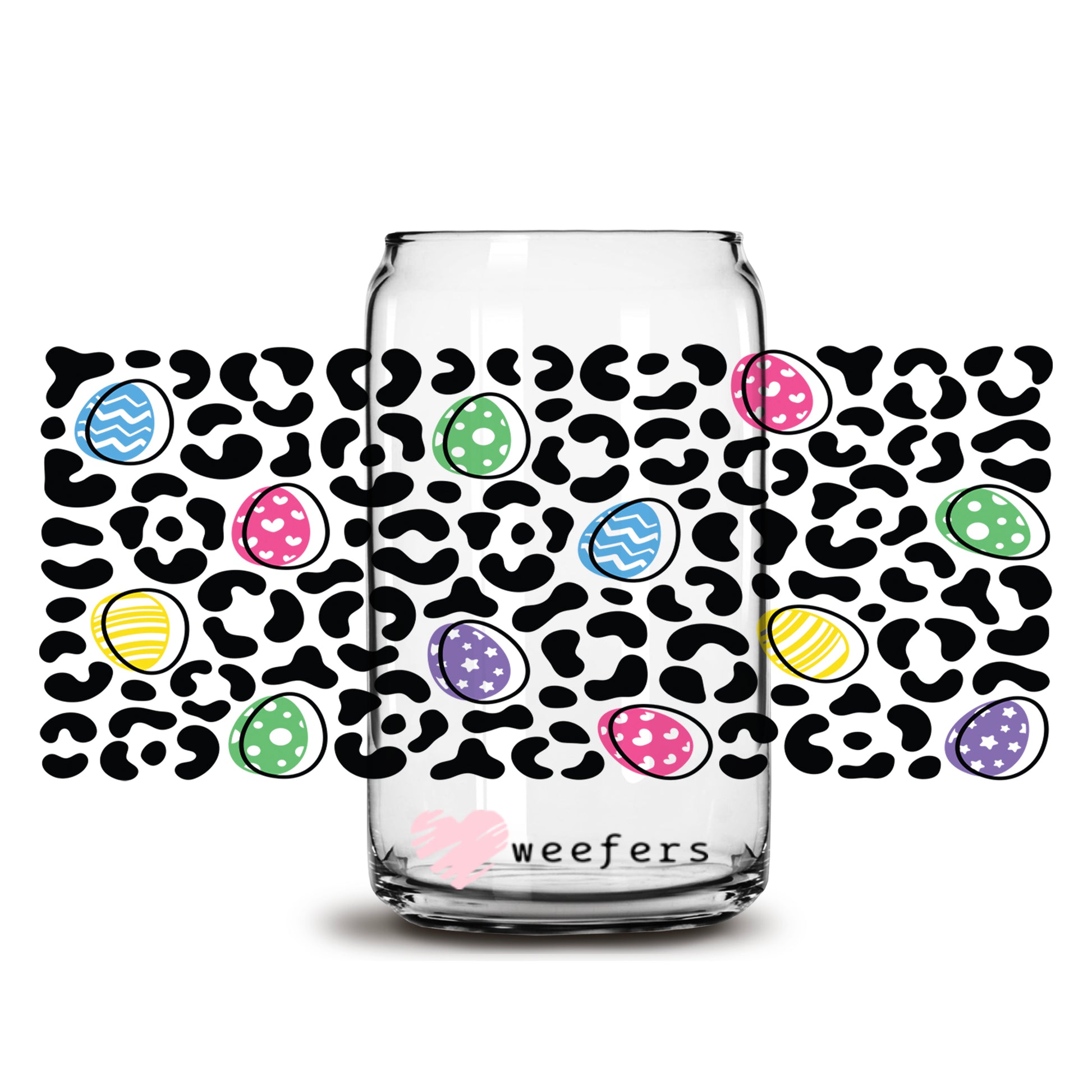 Black Leopard and Colorful Easter Eggs 16oz Libbey Glass Can UV DTF or Sublimation Cup Wrap - Decal Transfer - Weefers