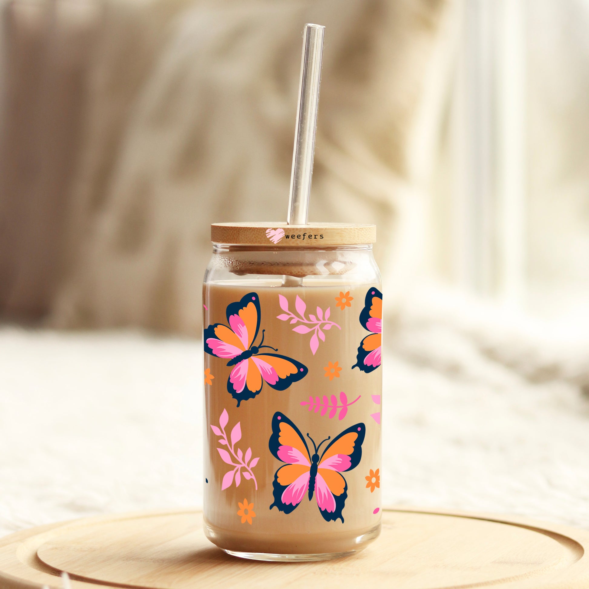 Butterflies Orange Pink and Black 16oz Libbey Glass Can UV DTF or Sublimation Cup Wrap - Decal Transfer - Weefers