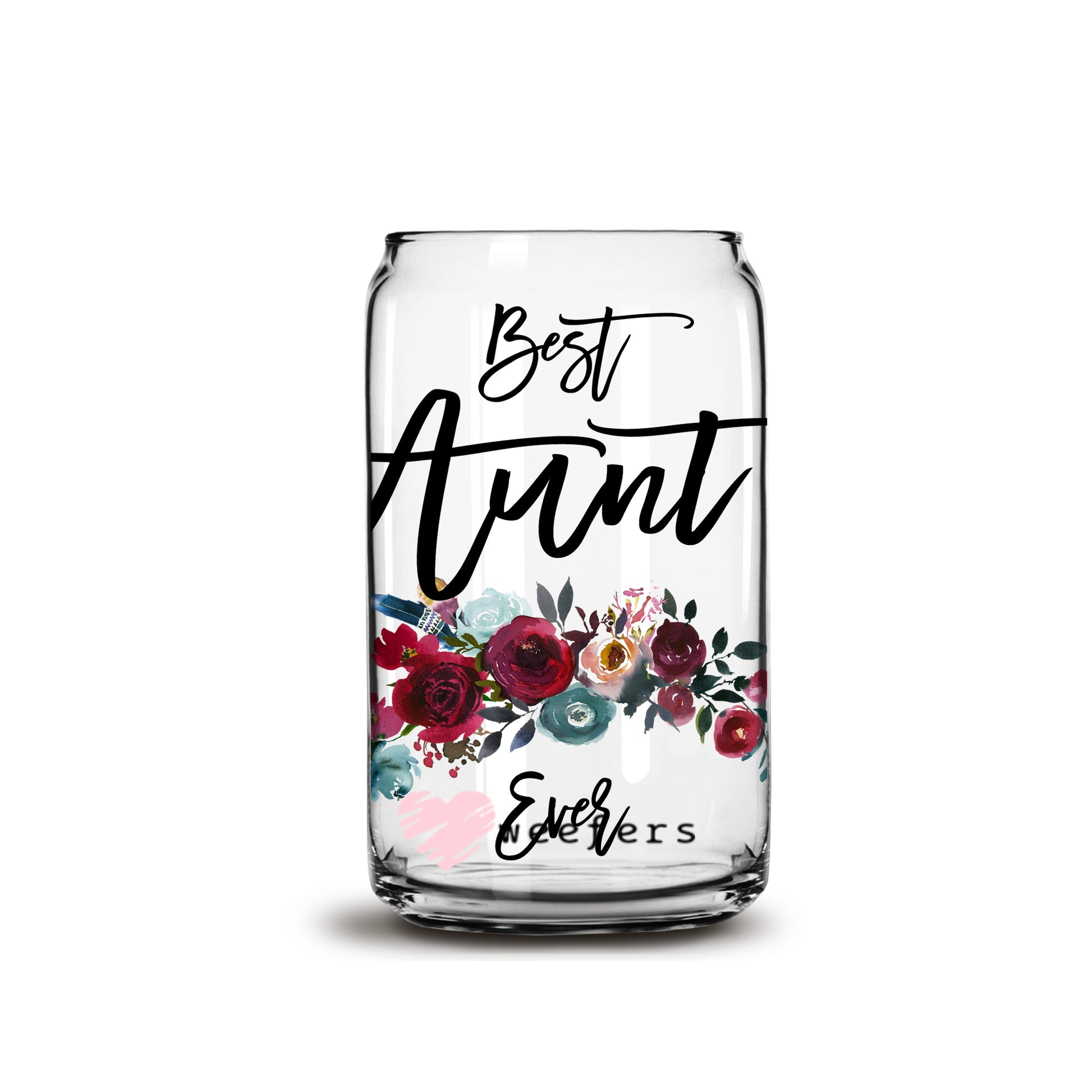 Best Aunt Ever Burgundy Floral 16oz Libbey Glass Can UV DTF or Sublimation Wrap - Decal - Weefers