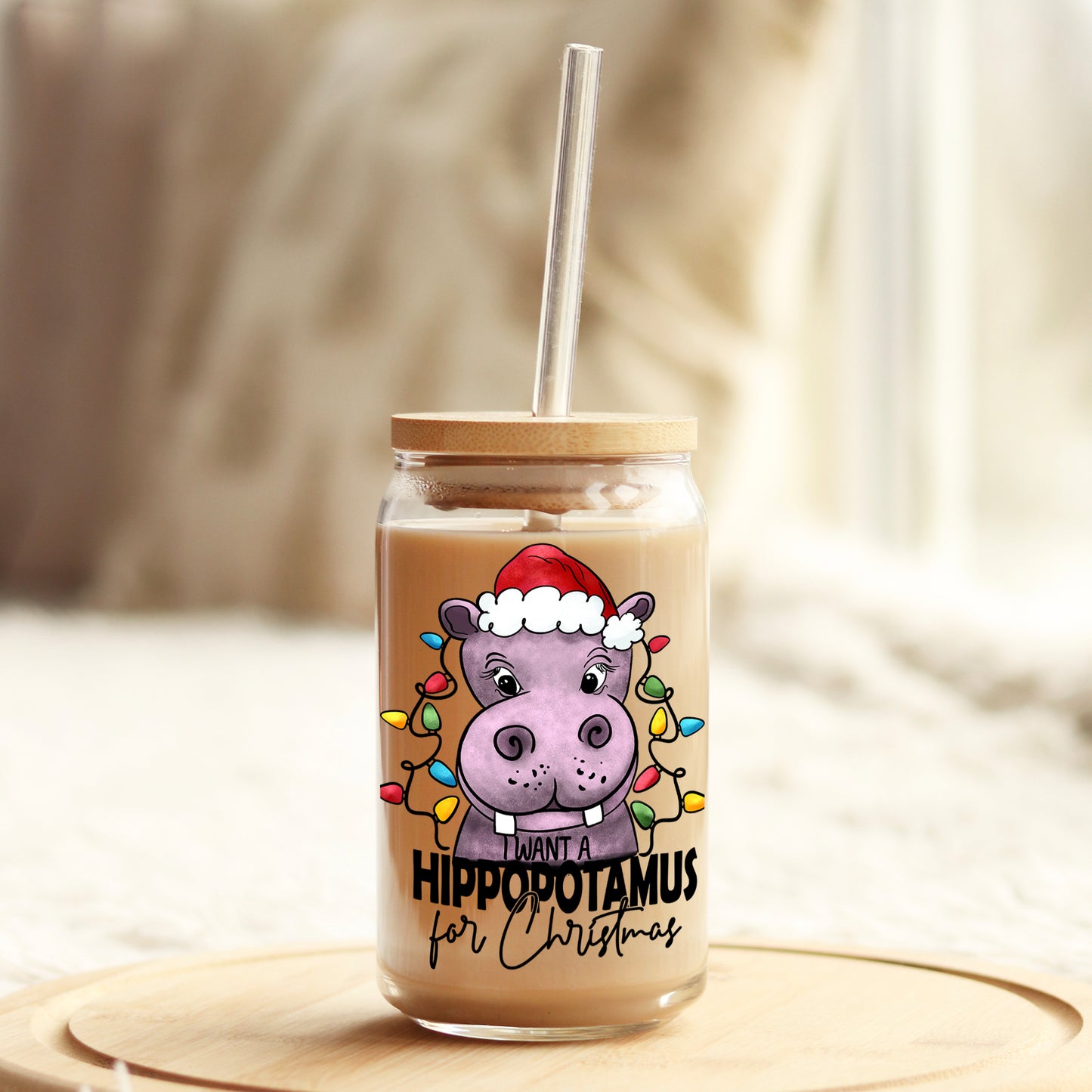 I Want a Hippopotamus for Christmas Giraffe 16oz Libbey Glass Can UV DTF or Sublimation Cup Wrap - Decal Transfer - Weefers