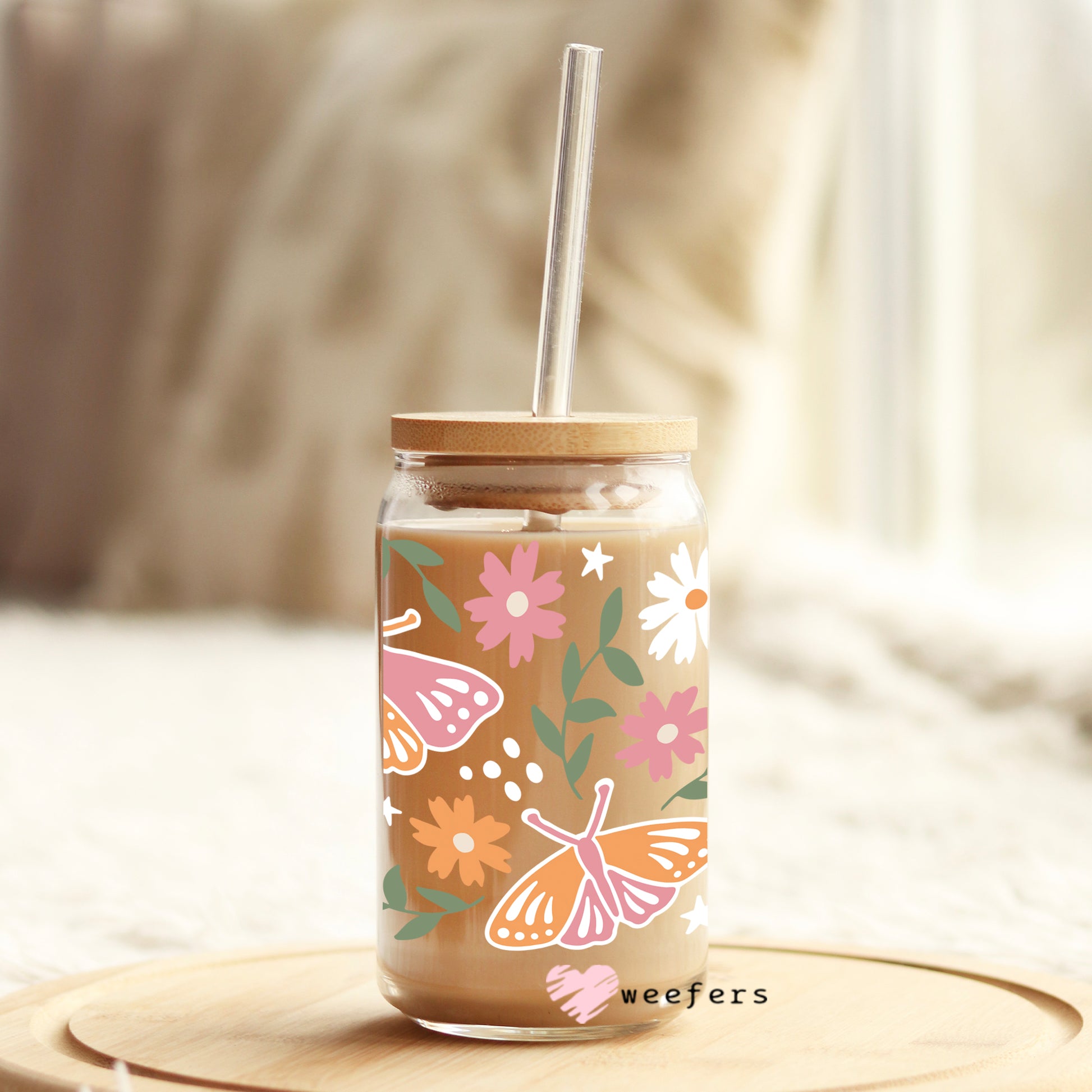 Orange and Pink Butterflies 16oz Libbey Glass Can UV DTF or Sublimation Wrap - Decal - Weefers