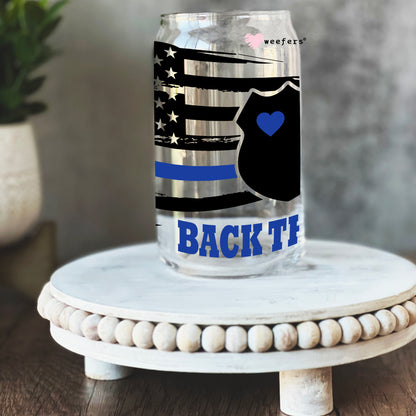 Blue Striped Flag Back the Blue Police 16oz Libbey Glass Can UV DTF or Sublimation Wrap - Decal - Weefers