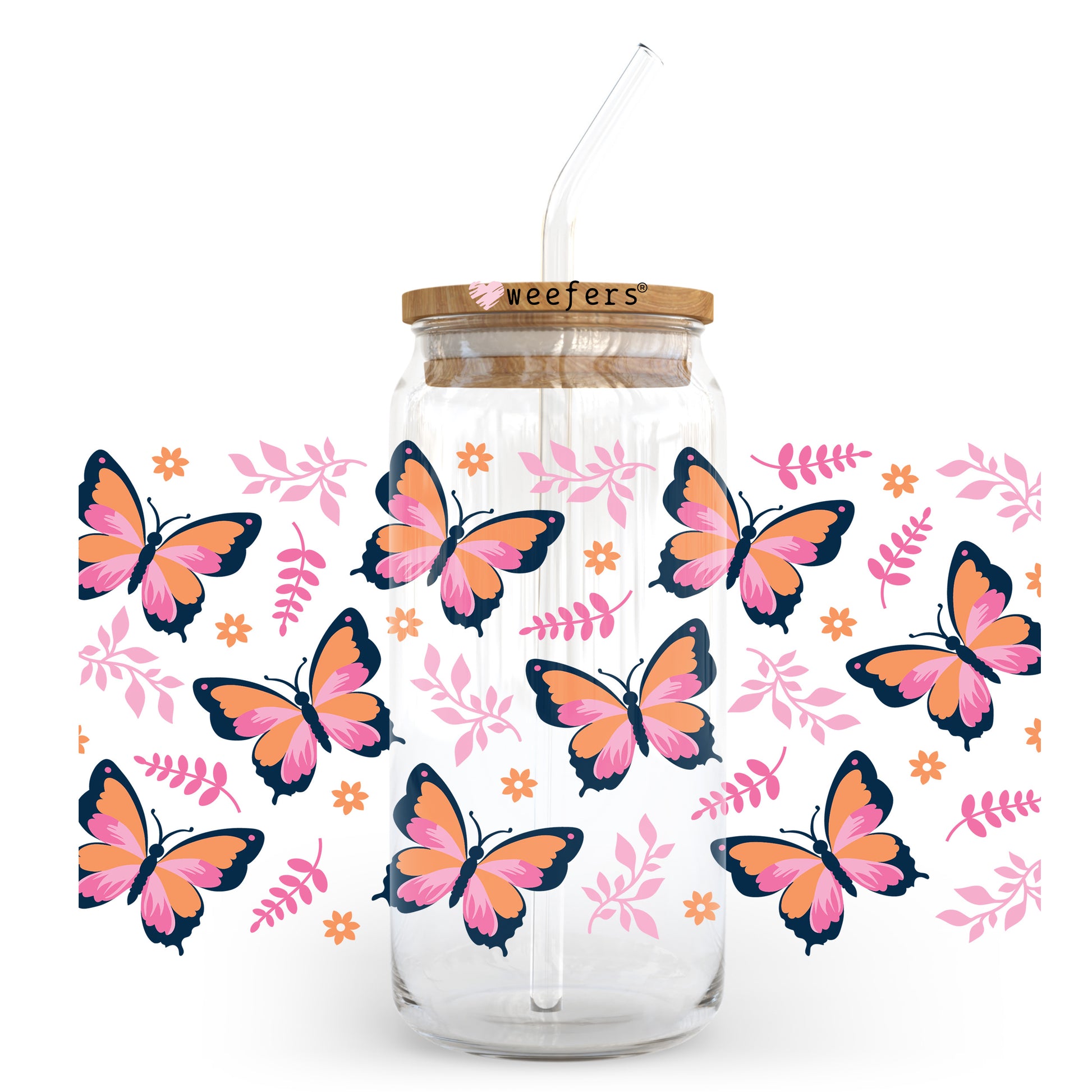 Pink Orange and Black Butterflies 20oz Libbey Glass Can UV DTF or Sublimation Wrap - Decal Transfer - Weefers