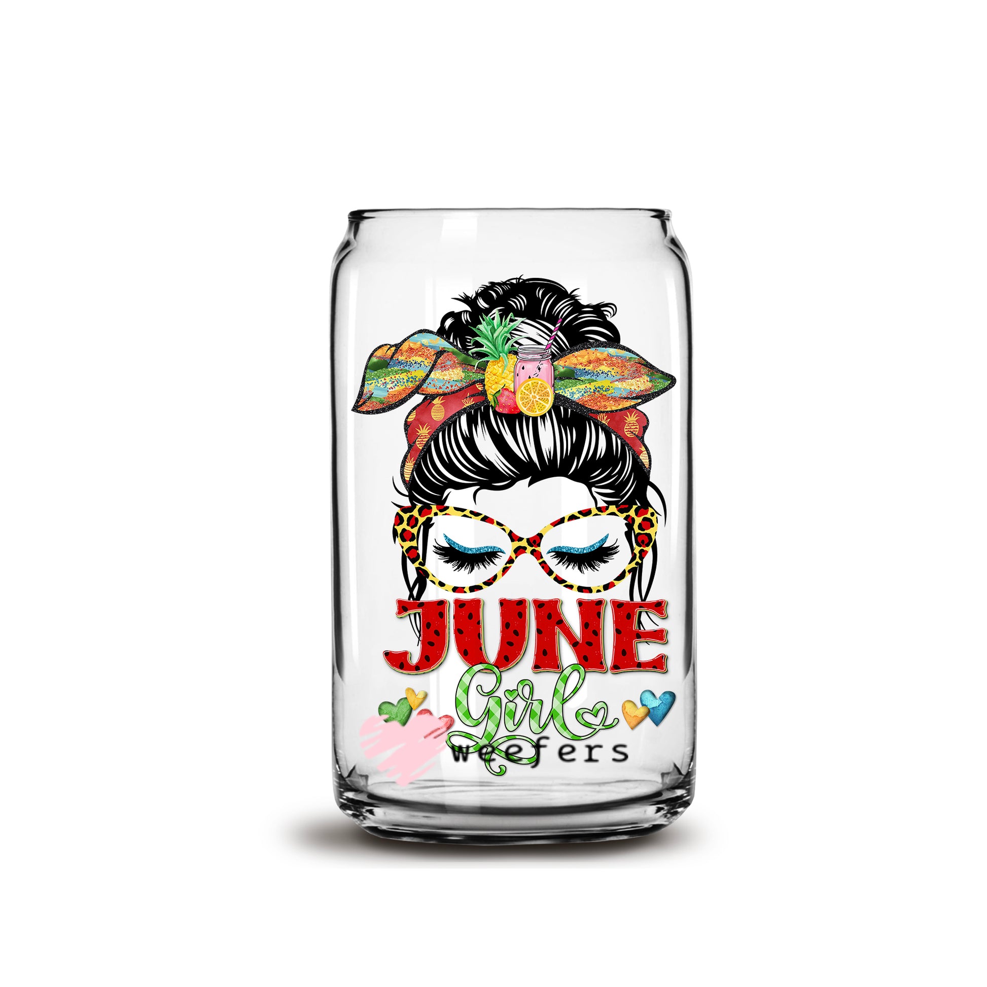 Messy Bun June Girl Birthday Month 16oz Libbey Glass Can UV DTF or Sublimation Wrap - Decal - Weefers