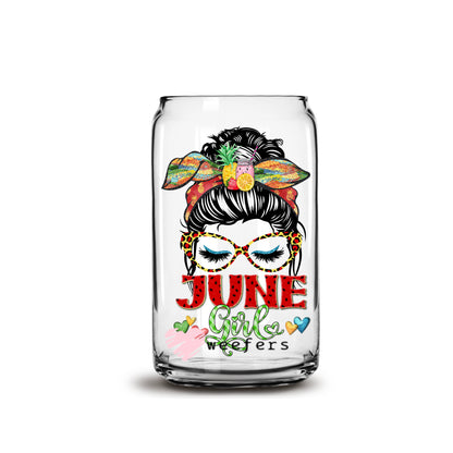 Messy Bun June Girl Birthday Month 16oz Libbey Glass Can UV DTF or Sublimation Wrap - Decal - Weefers