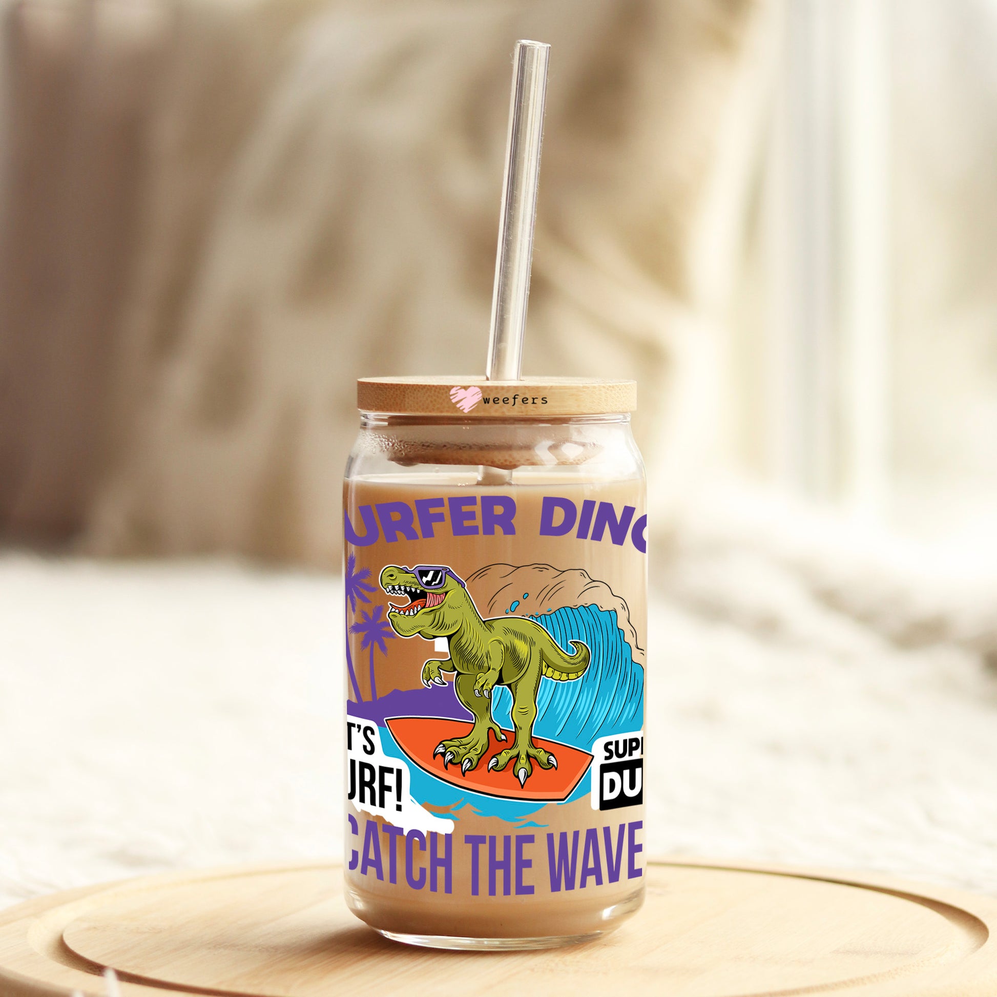 Surfer Dino 16oz Libbey Glass Can UV DTF or Sublimation Cup Wrap - Decal - Weefers