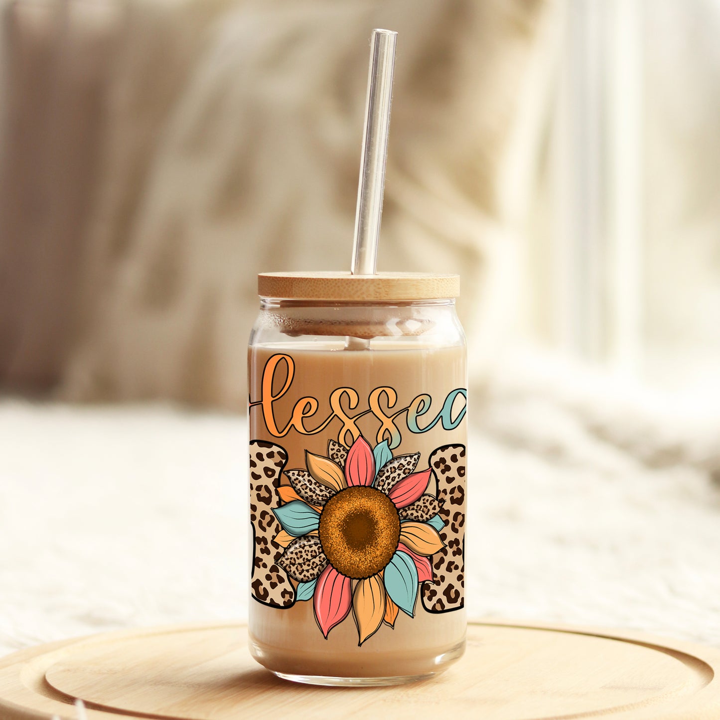 Blessed Mom Orange Floral 16oz Libbey Glass Can UV DTF or Sublimation Cup Wrap - Decal Transfer - Weefers