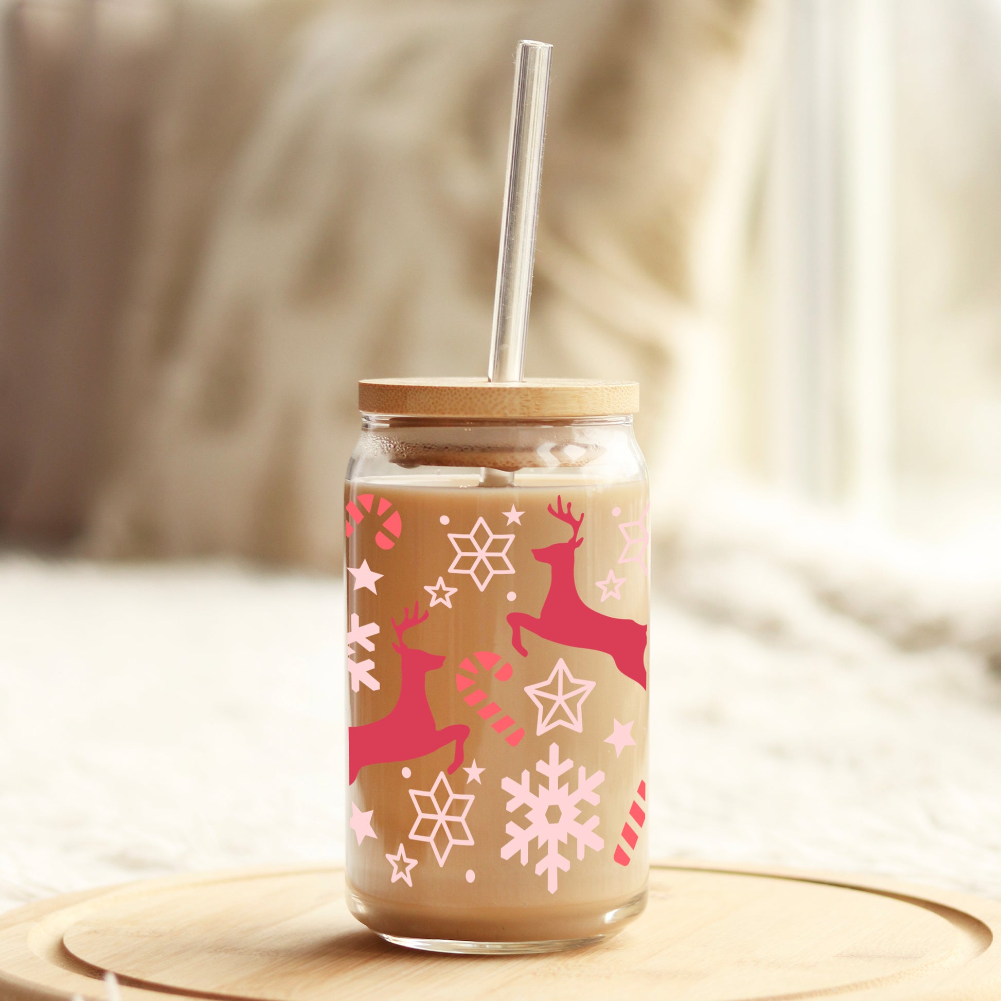 Christmas Reindeer and Snowflakes 16oz Libbey Glass Can UV DTF or Sublimation Wrap - Decal - Weefers