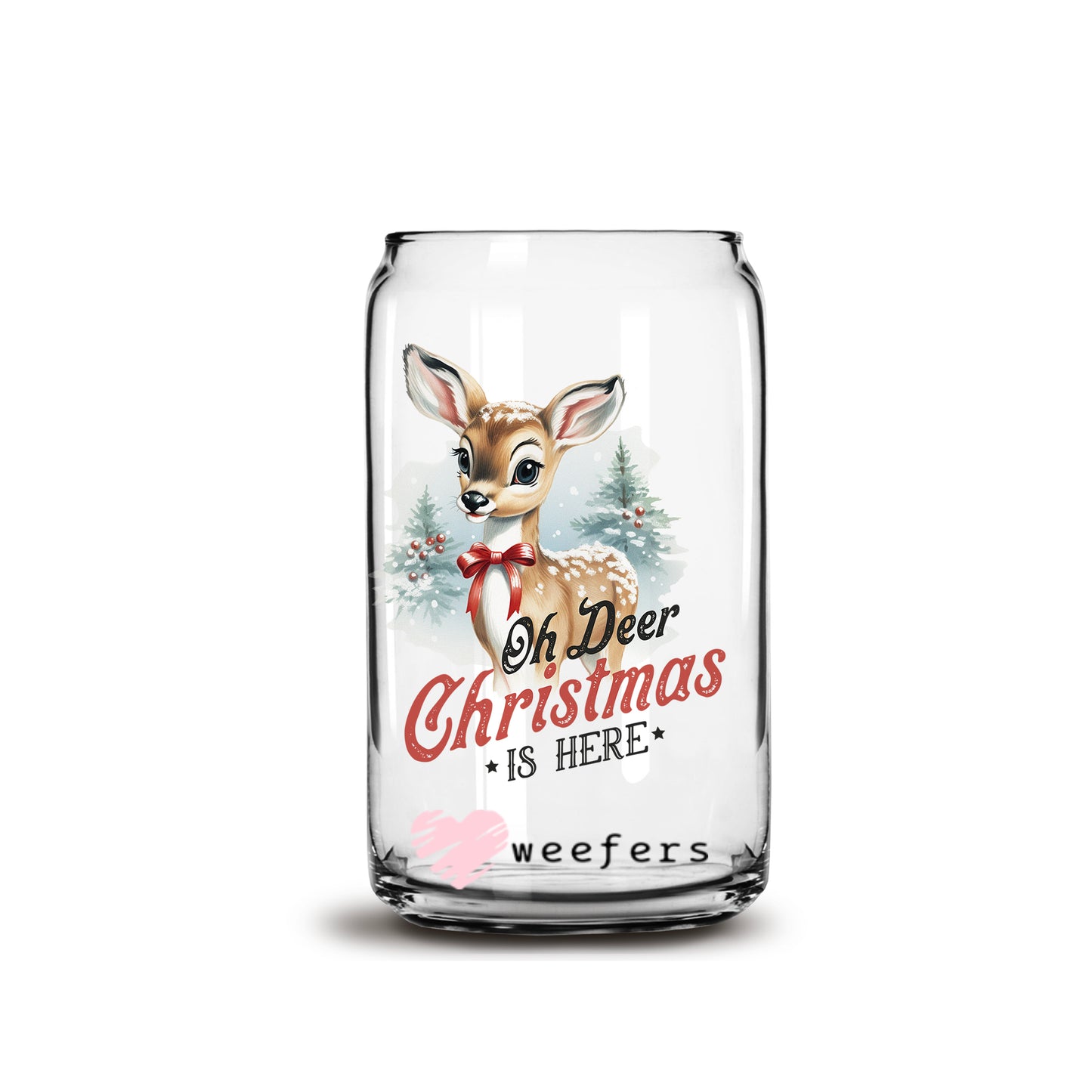 Oh Deer Christmas is Here Vintage Christmas 16oz Libbey Glass Can UV DTF or Sublimation Wrap - Decal - Weefers