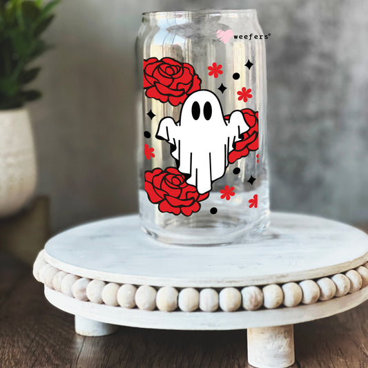 Red Roses Ghost Halloween 16oz Libbey Glass Can UV DTF or Sublimation Wrap - Decal - Weefers