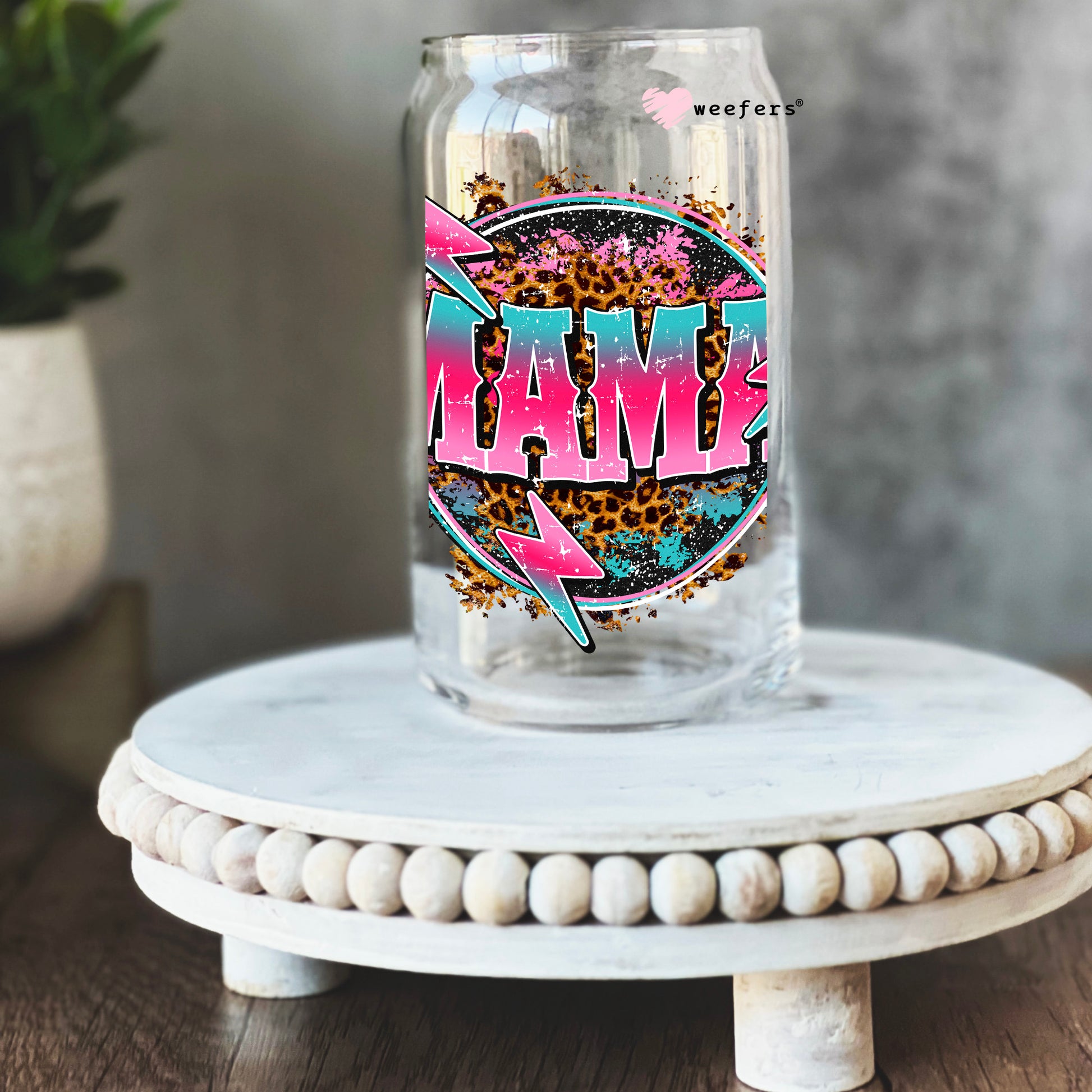 Mama Pink Teal Leopard 16oz Libbey Glass Can UV DTF or Sublimation Cup Wrap - Decal Transfer - Weefers