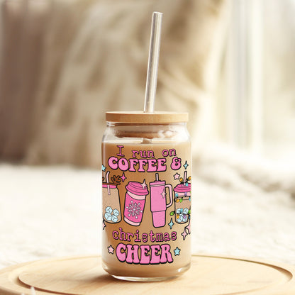 I run on Coffee and Christmas Cheer Pink coffee latte 16oz Libbey Glass Can UV DTF or Sublimation Cup Wrap - Decal Transfer - Weefers