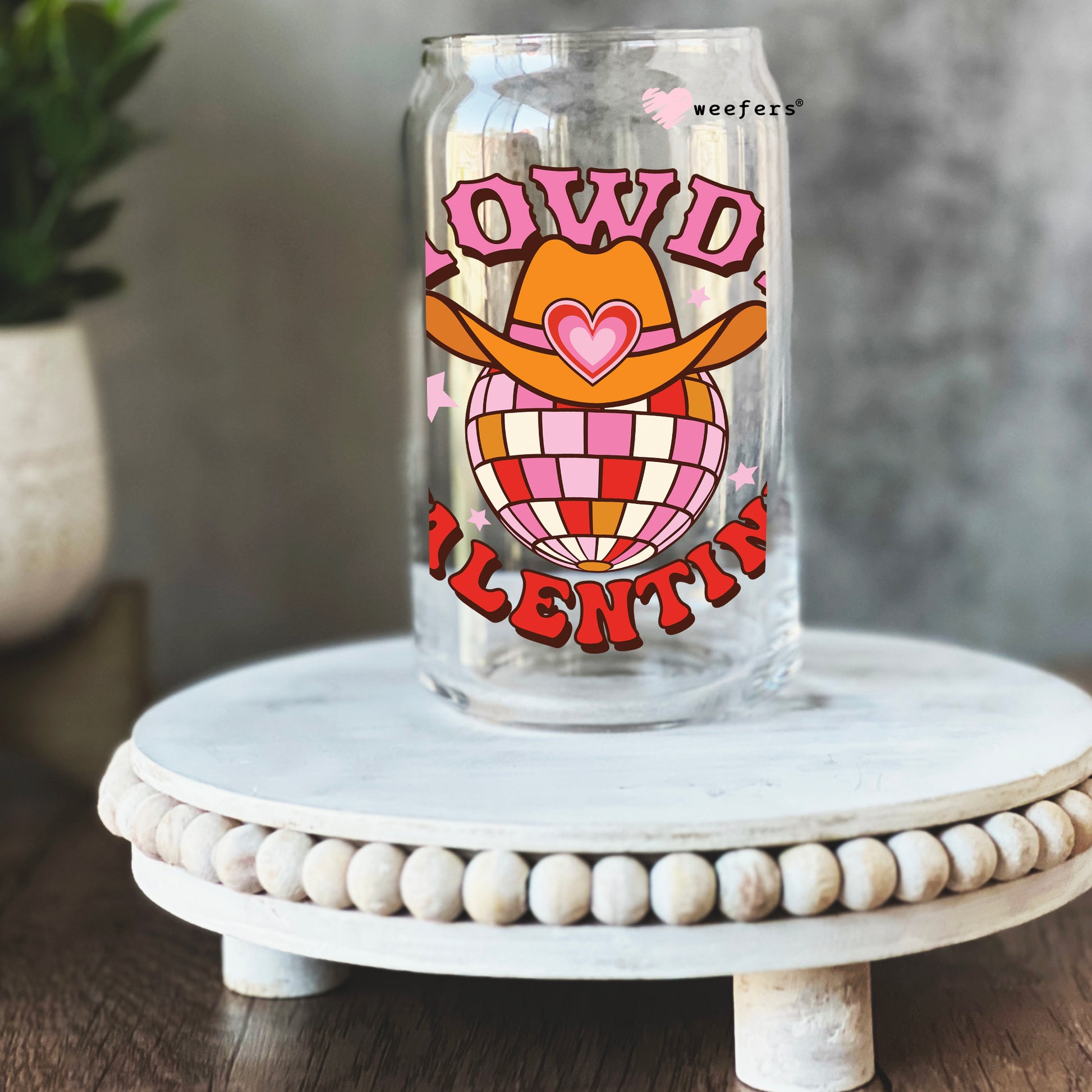 Howdy Valentine Disco Ball Valentine's Day 16oz Libbey Glass Can UV DTF or Sublimation Cup Wrap - Decal Transfer - Weefers