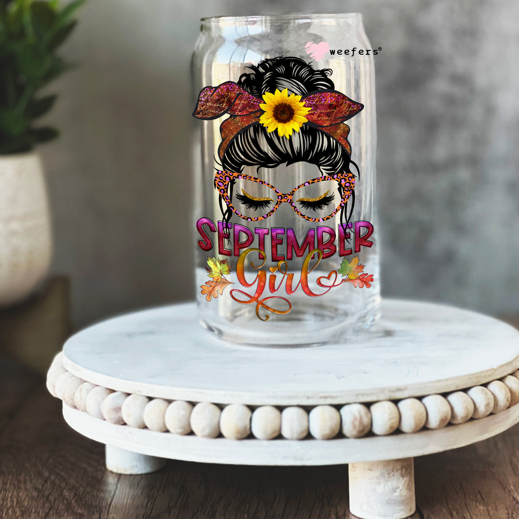 Messy Bun September Girl Birthday Month 16oz Libbey Glass Can UV-DTF or Sublimation Wrap - Decal