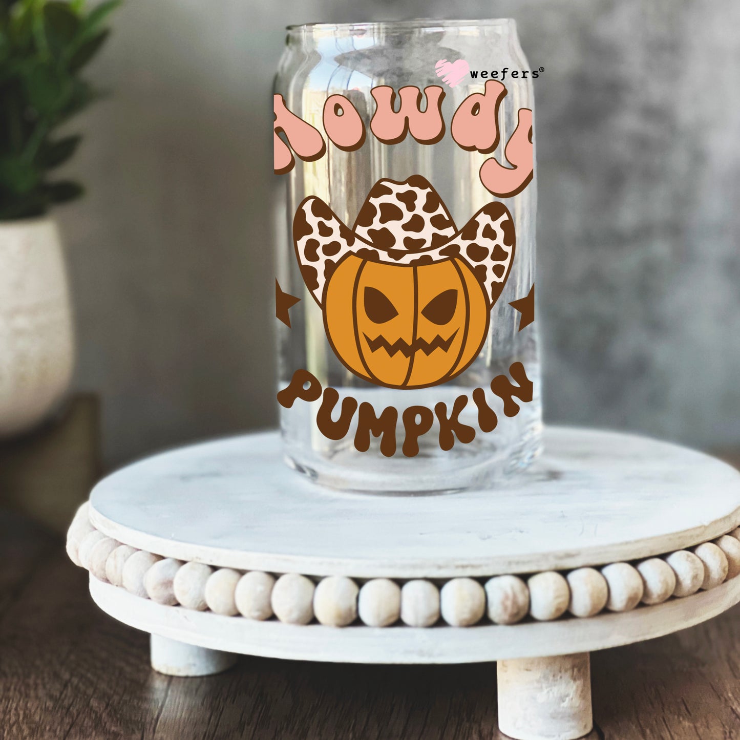 Howdy Pumpkins Brown Cowprint 16oz Libbey Glass Can UV DTF or Sublimation Wrap - Decal - Weefers