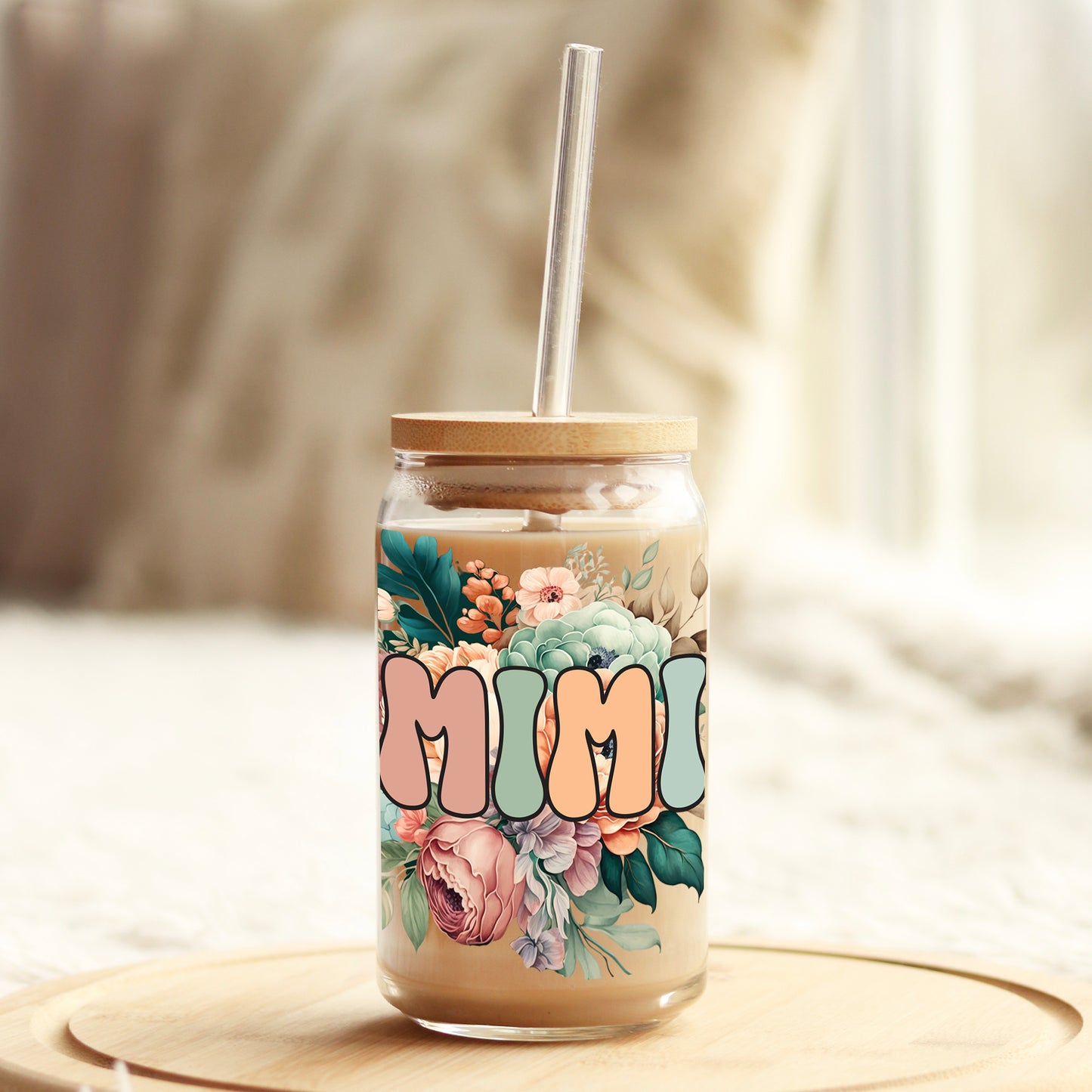 Mimi Boho Floral 16oz Libbey Glass Can UV DTF or Sublimation Cup Wrap - Decal Transfer - Weefers