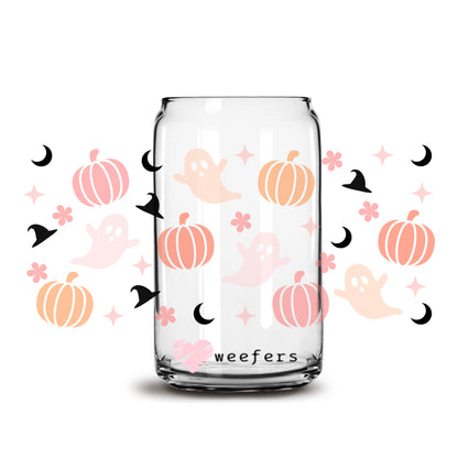 Pink Ghost and Pumpkins Halloween 16oz Libbey Glass Can UV DTF or Sublimation Wrap - Decal - Weefers