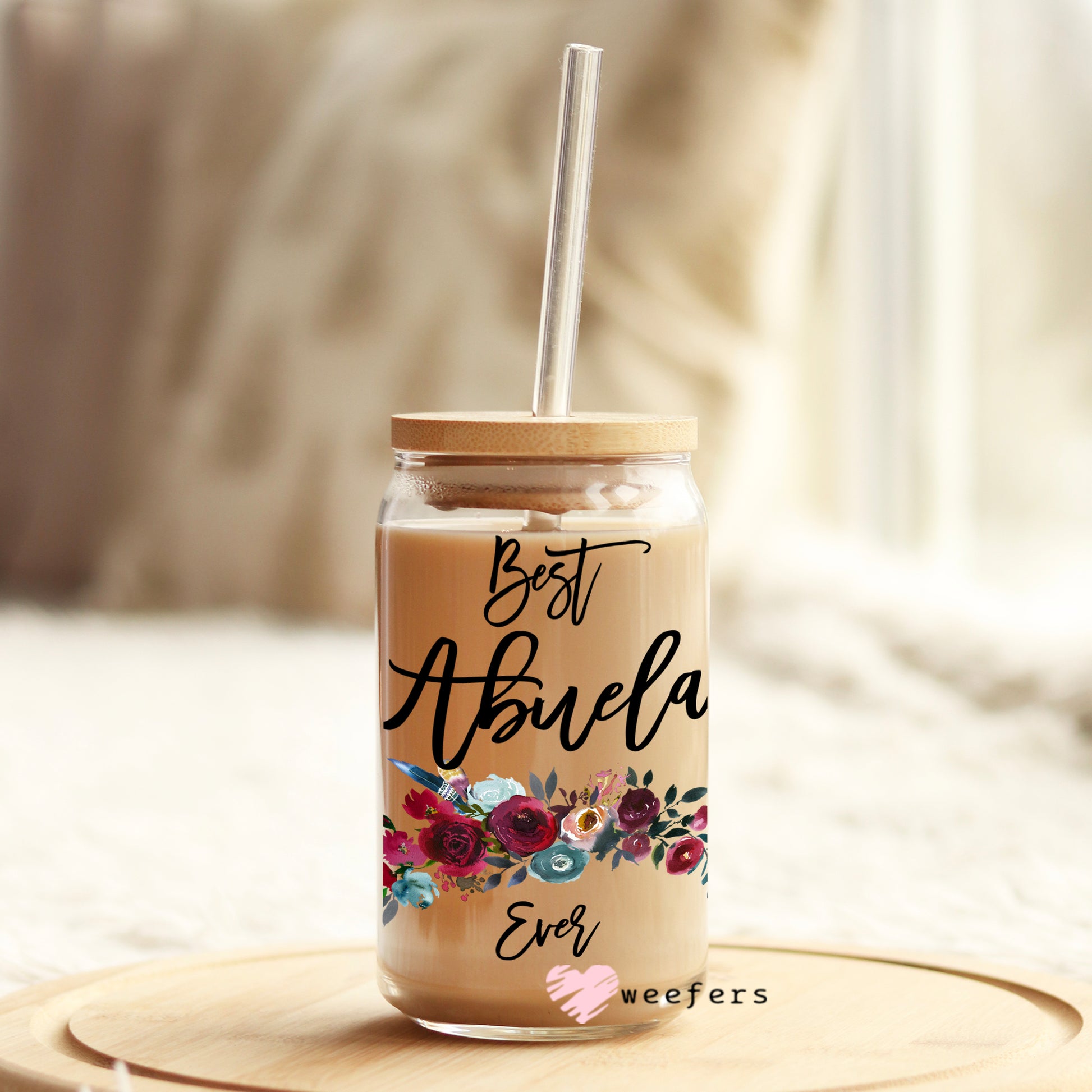 Best Abuela Ever Burgundy Floral 16oz Libbey Glass Can UV DTF or Sublimation Wrap - Decal - Weefers