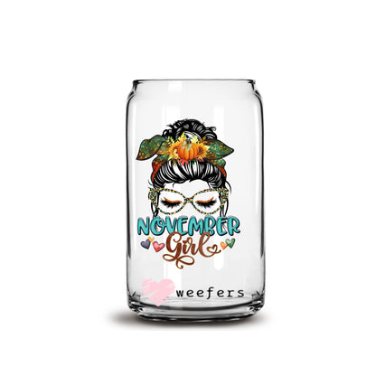 Messy Bun November Girl Birthday Month 16oz Libbey Glass Can UV DTF or Sublimation Wrap - Decal - Weefers