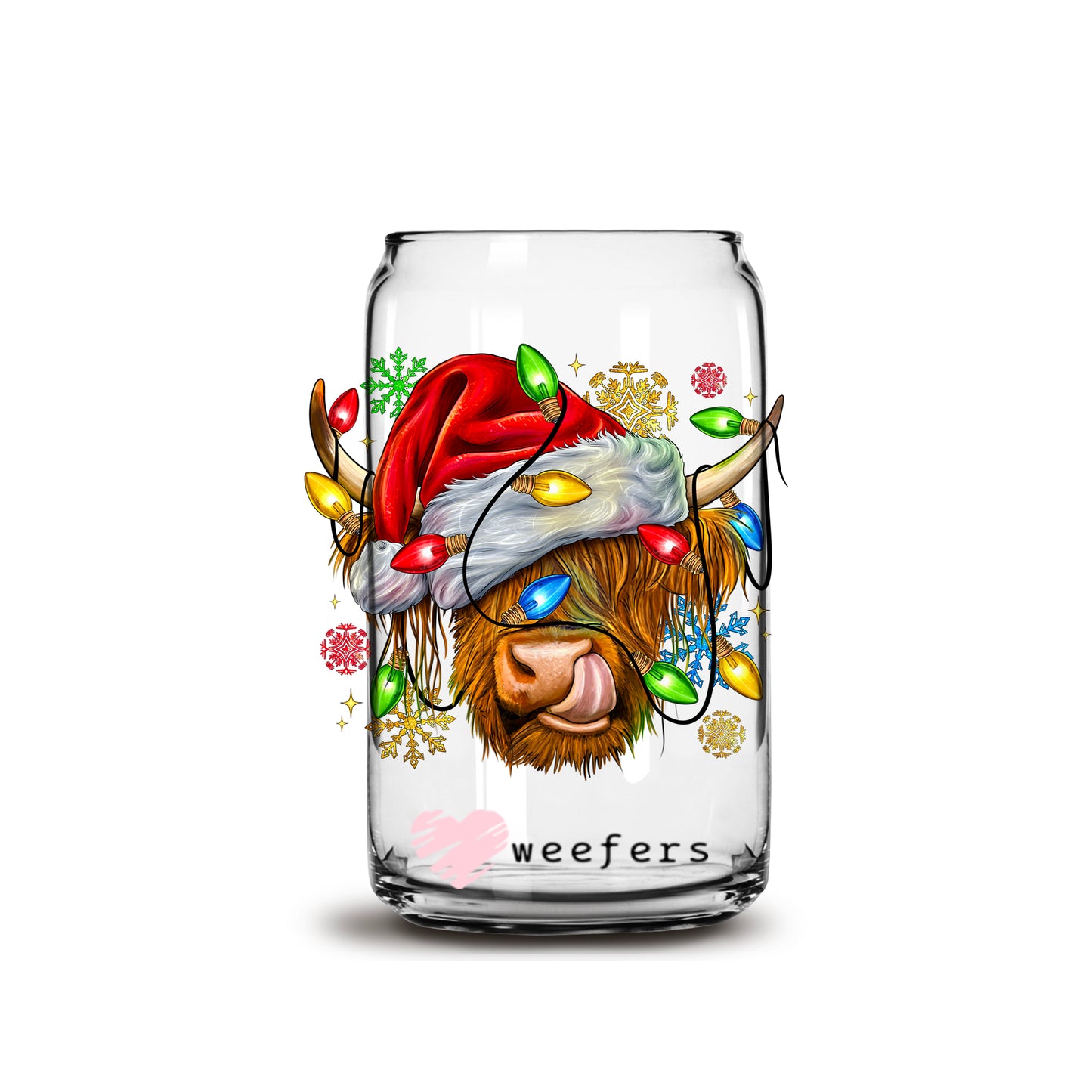 Highlander Christmas Cow 16oz Libbey Glass Can UV DTF or Sublimation Cup Wrap - Decal Transfer - Weefers