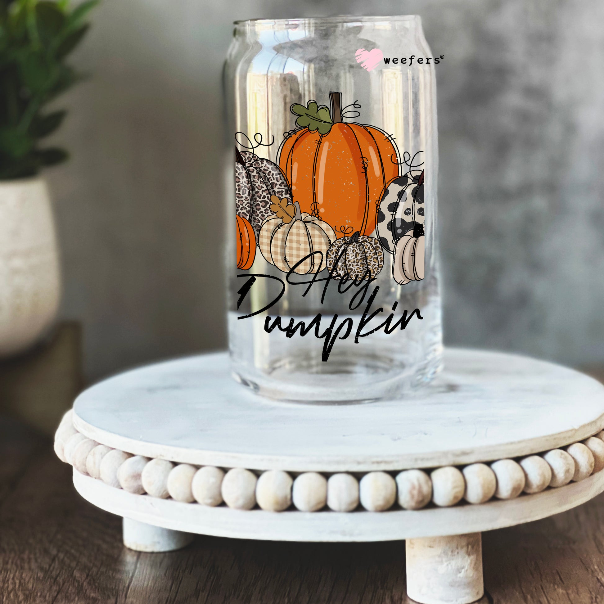 Hey Pumpkin Fall 16oz Libbey Glass Can UV DTF or Sublimation Wrap - Decal - Weefers