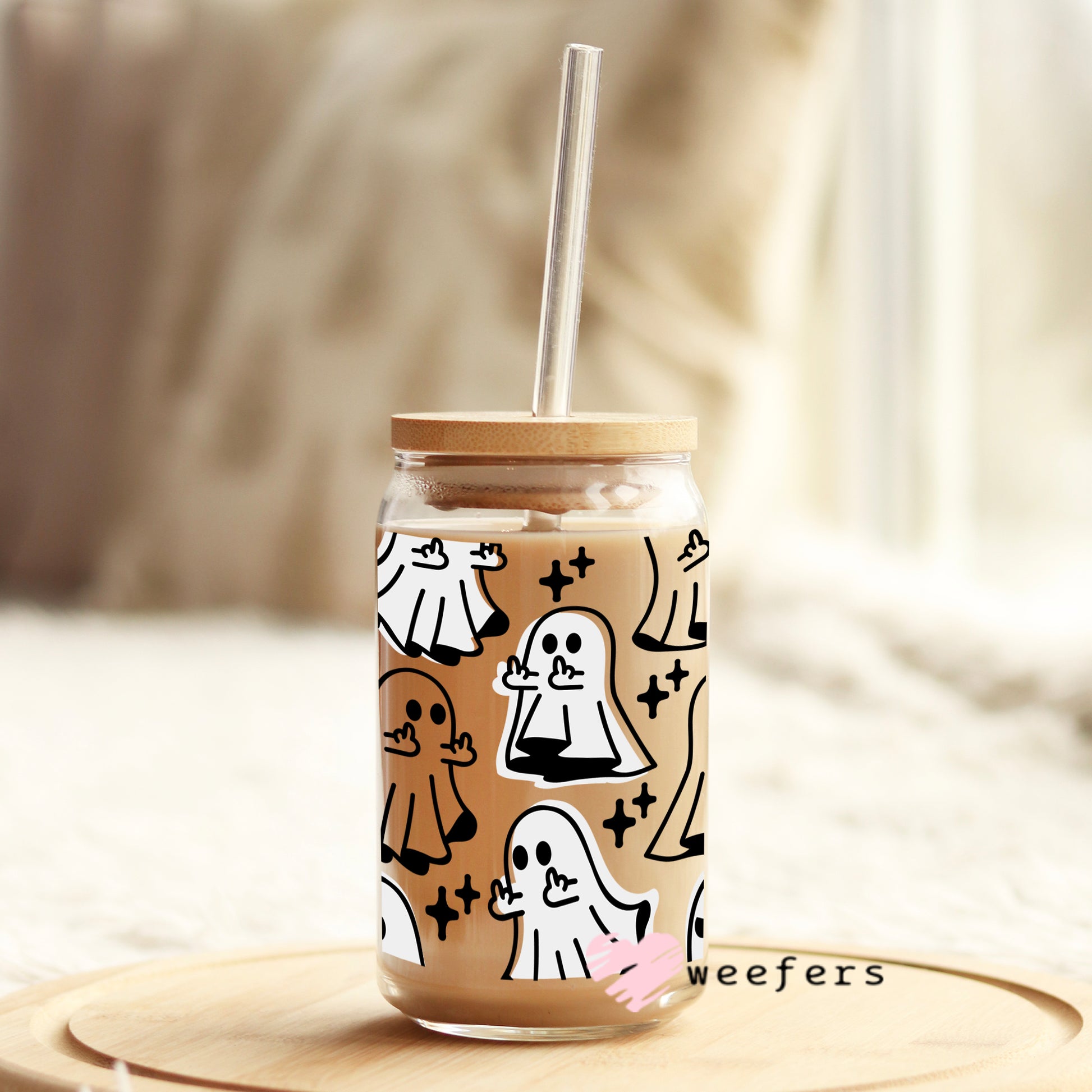 Funny Middle Finger Ghost 16oz Libbey Glass Can UV DTF or Sublimation Wrap - Decal - Weefers