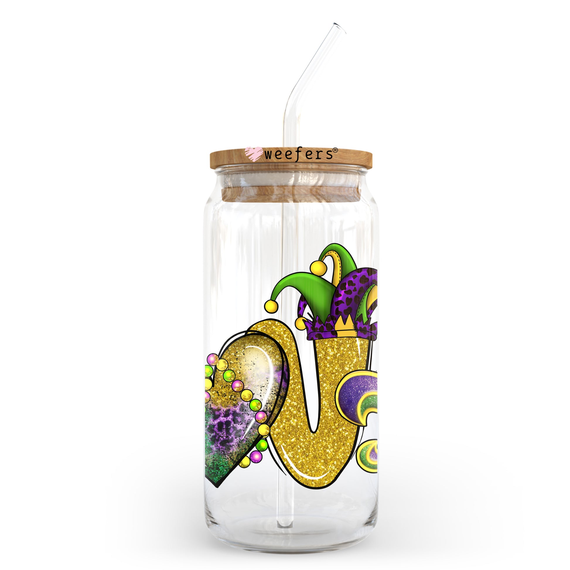 Love Mardi Gras 20oz Libbey Glass Can UV DTF or Sublimation Wrap - Decal Transfer - Weefers