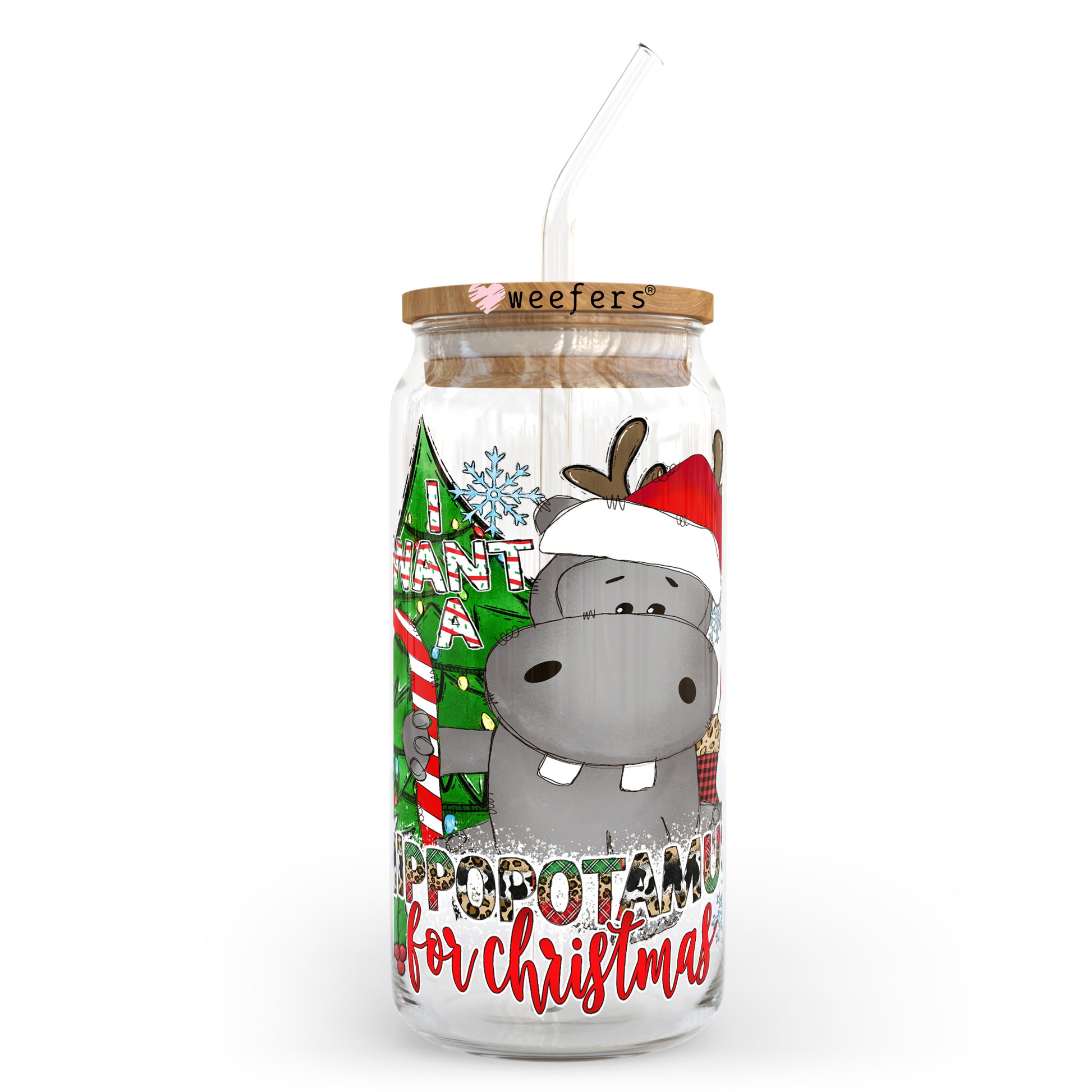 Hippopotamus for Christmas 20oz Libbey Glass Can, 34oz Hip Sip, 40oz Tumbler UV DTF or Sublimation Decal Transfer - Weefers