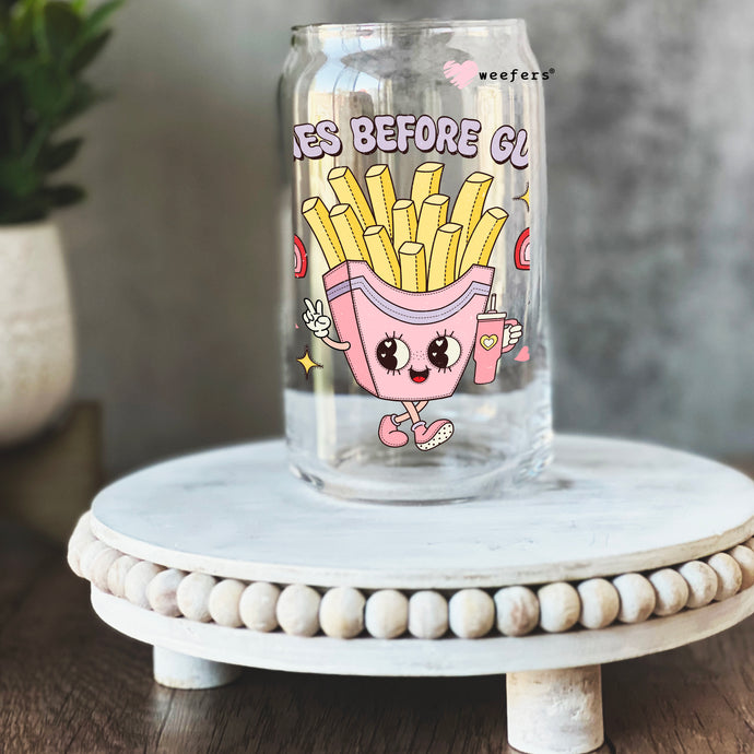 a glass jar with a picture of a french fries on it