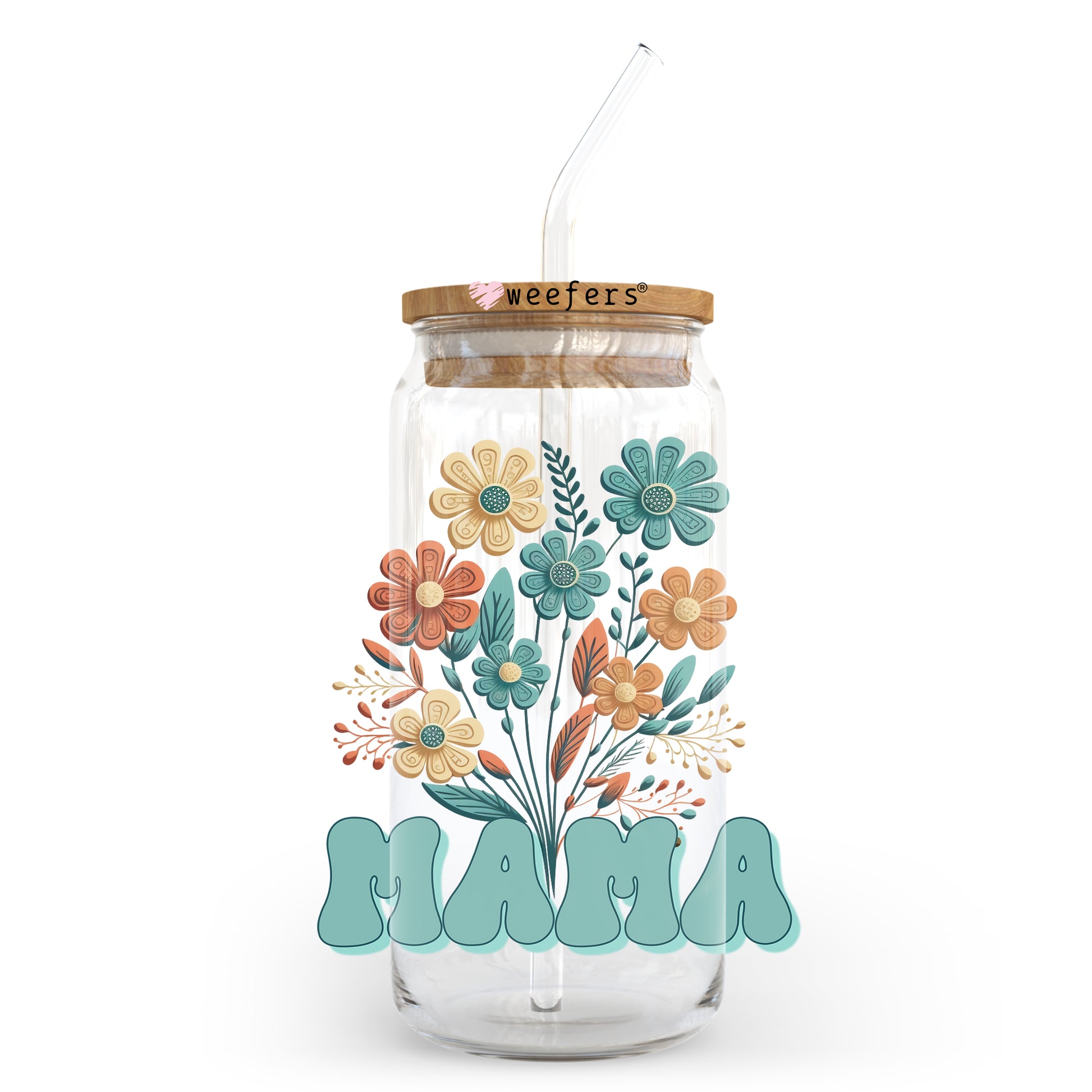 Mama Teal Floral 20oz Libbey Glass Can UV DTF or Sublimation Wrap - Decal - Weefers