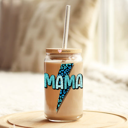 Blue Mama Lightening Bolt 16oz Libbey Glass Can UV DTF or Sublimation Cup Wrap - Decal Transfer - Weefers