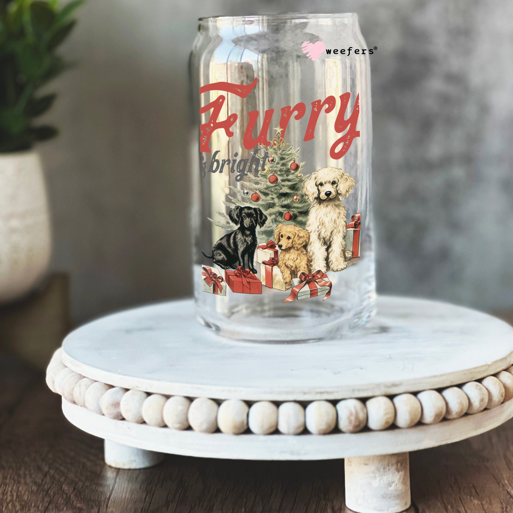 Furry and Bright Dog Vintage Christmas 16oz Libbey Glass Can UV DTF or Sublimation Wrap - Decal - Weefers