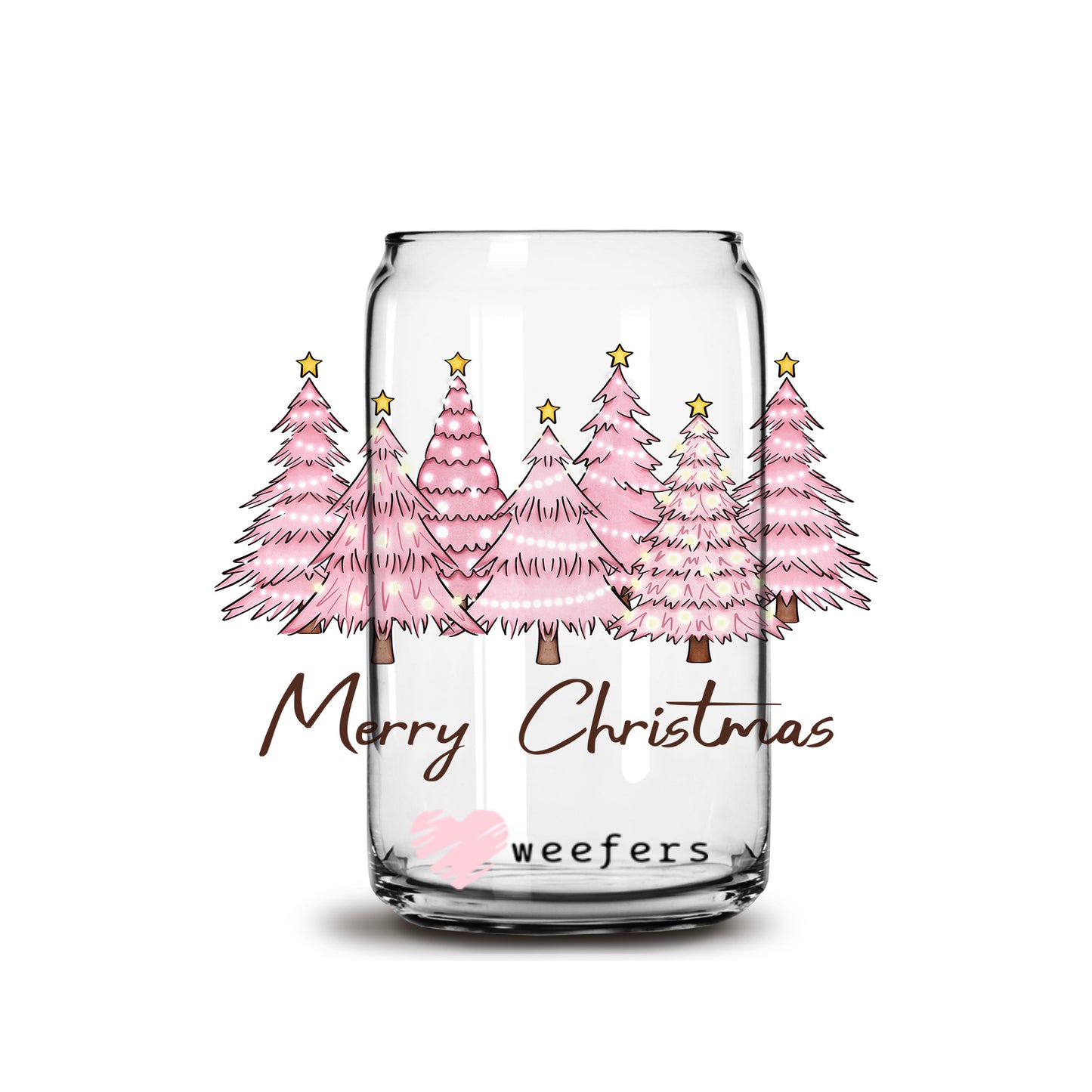 Merry Christmas Pink Trees 16oz Libbey Glass Can UV DTF or Sublimation Wrap - Decal - Weefers