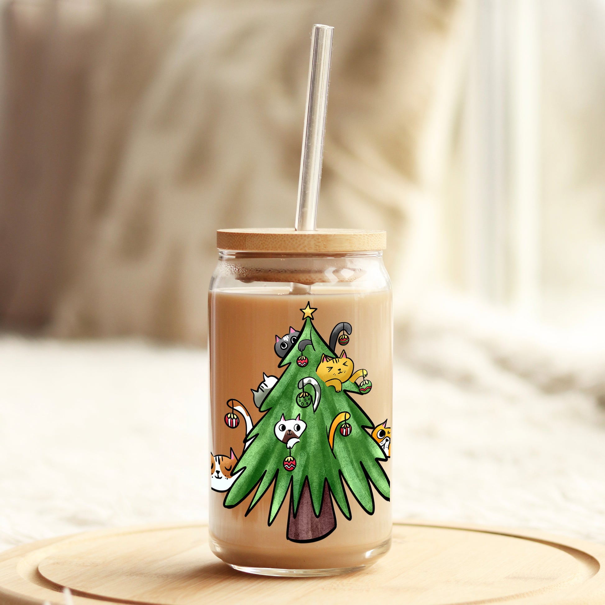 Christmas Tree Cats 16oz Libbey Glass Can UV DTF or Sublimation Cup Wrap - Decal Transfer - Weefers