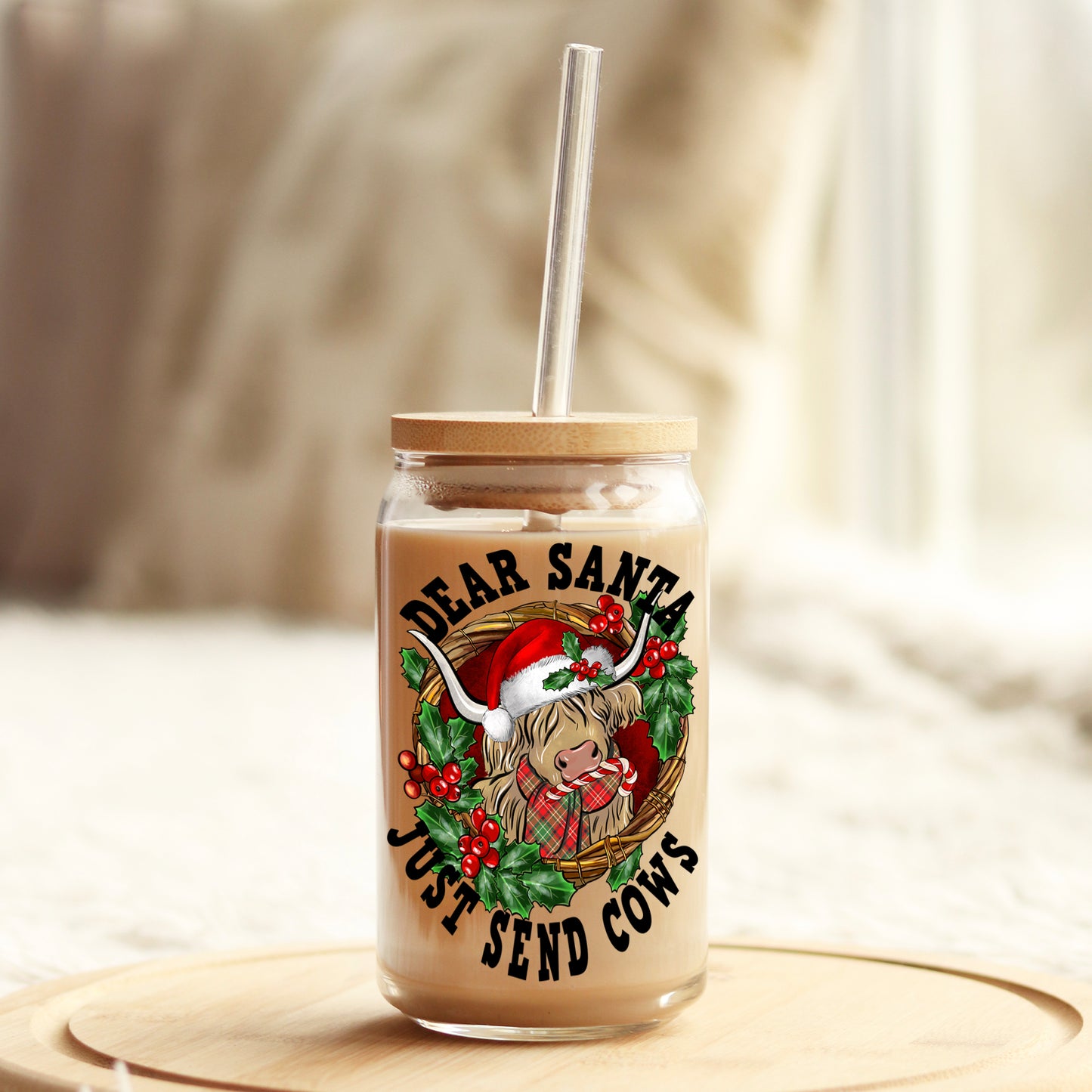 Dear Santa Just Bring Cows Christmas 16oz Libbey Glass Can UV DTF or Sublimation Wrap - Decal Transfer - Weefers