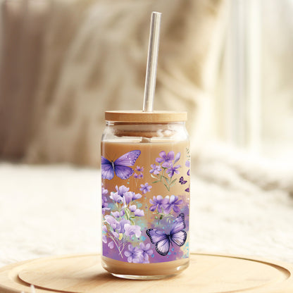 Purple Butterflies and Florals 16oz Libbey Glass Can UV DTF or Sublimation Wrap - Decal - Weefers