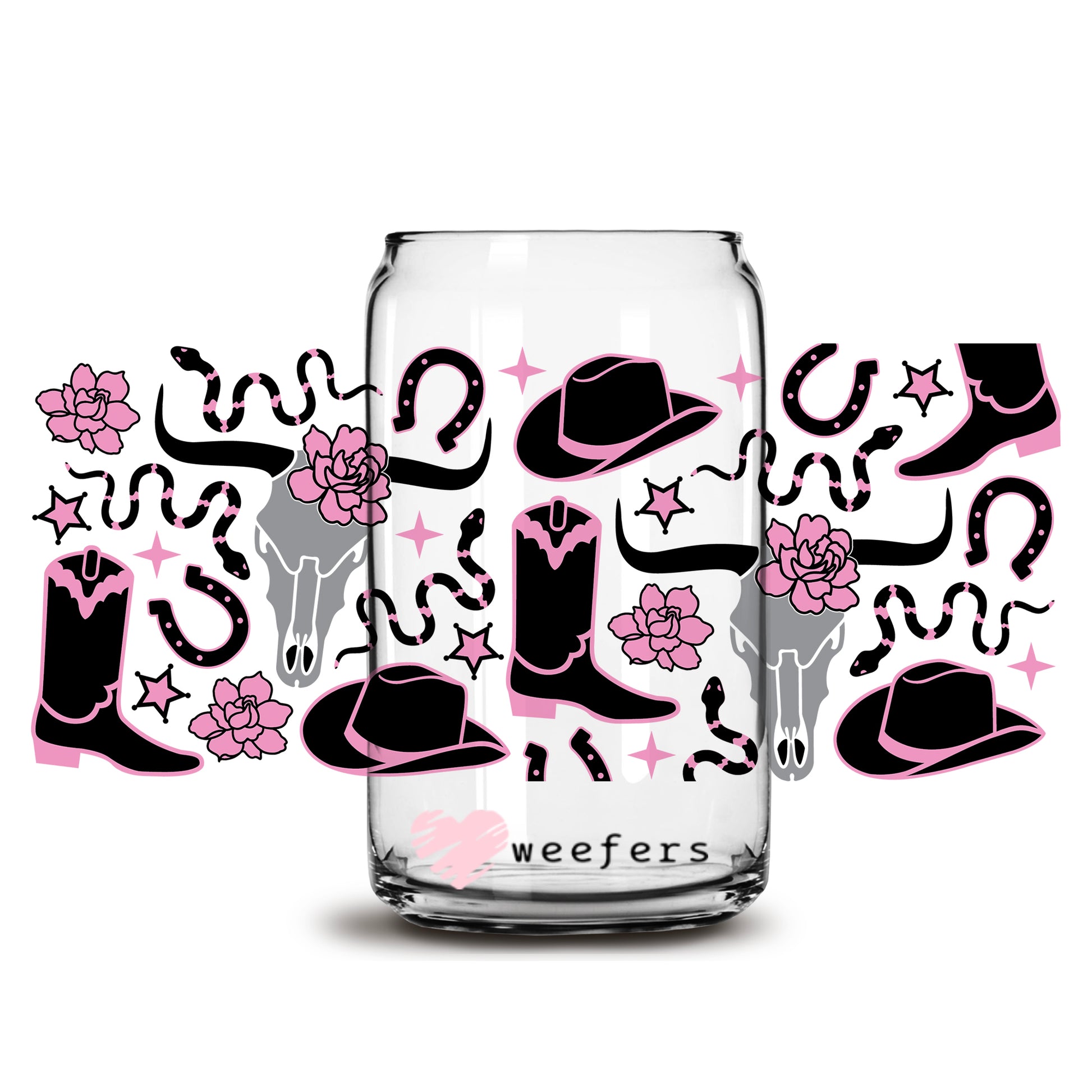 Cowgirl Boots and Hats Black and Pink 16oz Libbey Glass Can UV DTF or Sublimation Wrap - Decal - Weefers