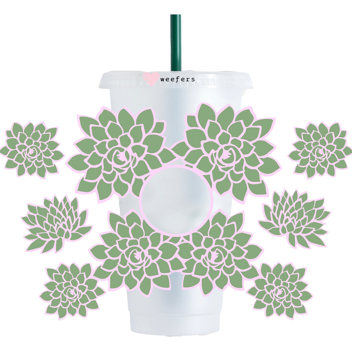 Pink and Green Succulent 24oz UV DTF Cold Cup Wrap - Ready to apply Wrap - HOLE - Weefers