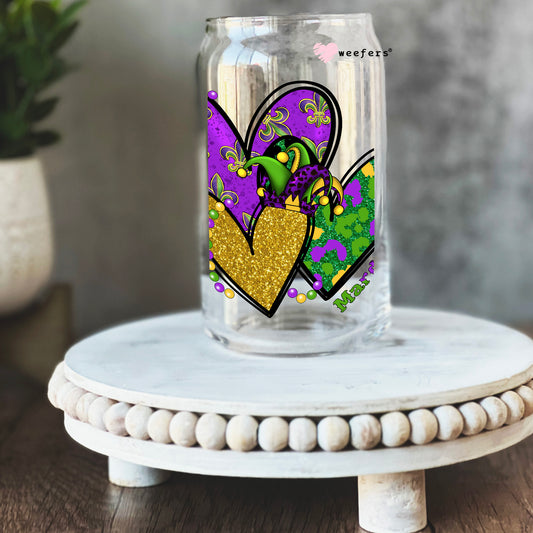 Hearts Mardi Gras 16oz Libbey Glass Can UV DTF or Sublimation Cup Wrap - Decal Transfer - Weefers