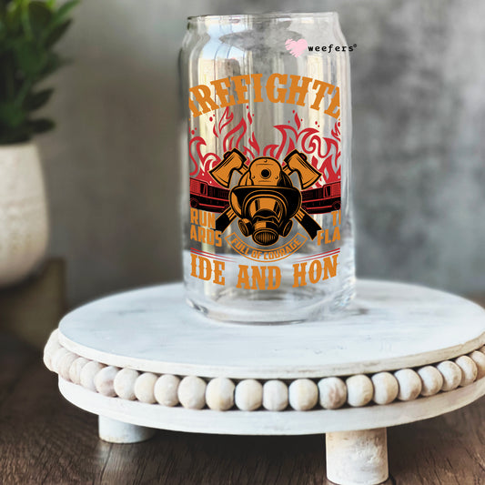 Firefighter we run towards the flames 16oz Libbey Glass Can UV DTF or Sublimation Wrap - Decal Weefers
